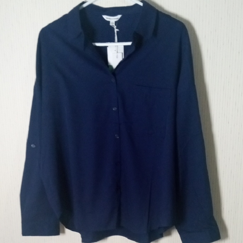 Women's Navy Button-Up Shirt, Office, Academya, Professional, Casual.